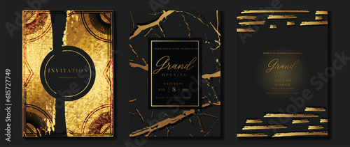 Luxury gala invitation card background vector. Golden elegant geometric shape, marble, gold foil on dark background. Premium design illustration for wedding and vip cover template, grand opening.