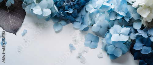 Blue Hydrangea or hortensia mockup. Flower blossom composition with petals. Top view, flat lay. Greeting card, template, cover. Botanical design. Generative ai