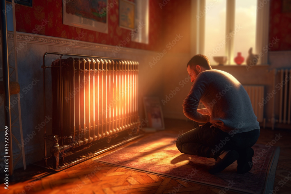 a Handyman repairing the radiator in a bright room with Generative AI