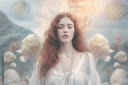 Fotografia Goddess of the sea world planet with long red hair doing magic spell fire burns