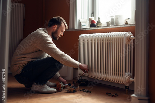 a Handyman repairing the radiator in a bright room with Generative AI