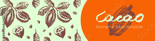 Chocolate banner template with cocoa beans pattern seamless with cacao bean hand drawn illustrations. Chocolate packaging design, cocoa powder label, organic cacao butter backdrop. Cocoa cosmetics.