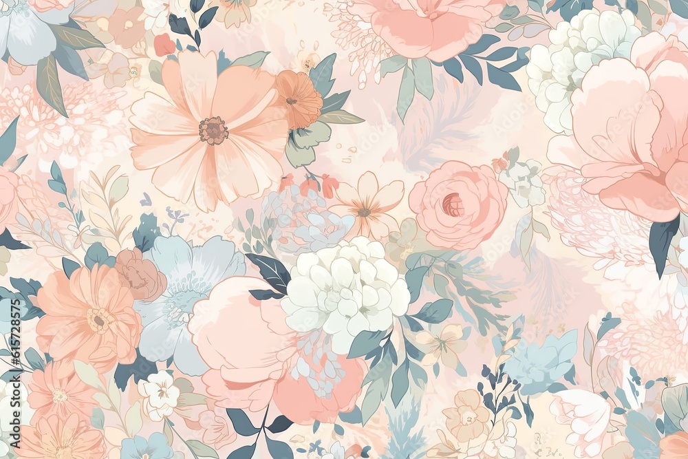 Abstract floral pattern. Blooming flowers on light background. Pastel colors. Generative AI