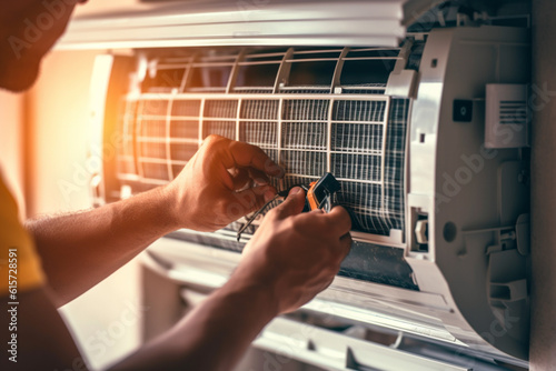 a Handyman is fixing an air conditioner at bright living room with Generative AI