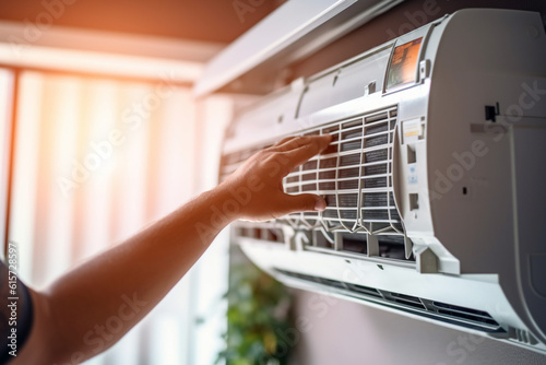 a Handyman is fixing an air conditioner at bright living room with Generative AI