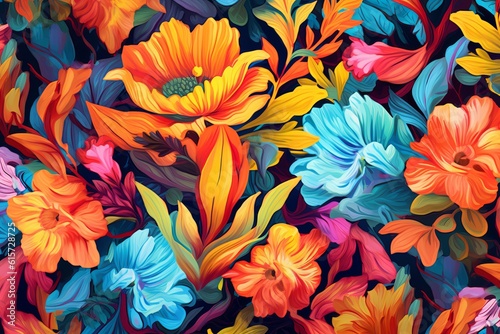 Abstract floral pattern. Blooming flowers on dark background. Vivid colors. Generative AI