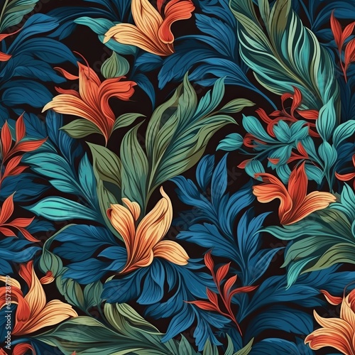 Floral background, vivid colors. Abstract leaf and flowers design on a dark background. Generative AI
