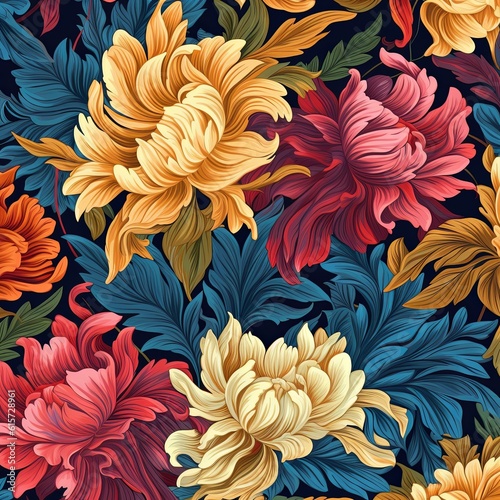 Pattern of leaves and blooming flowers. Deep colors on dark background. Generative AI