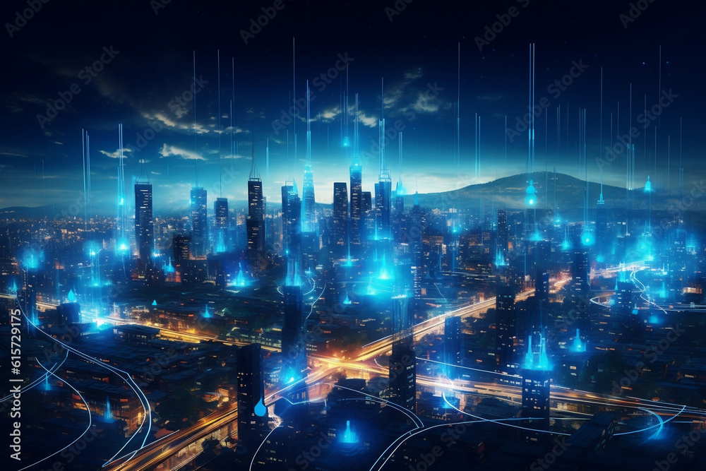Smart tech and the interconnectedness of a smart city represented by converging electric blue lines technology. Generative AI - obrazy, fototapety, plakaty 