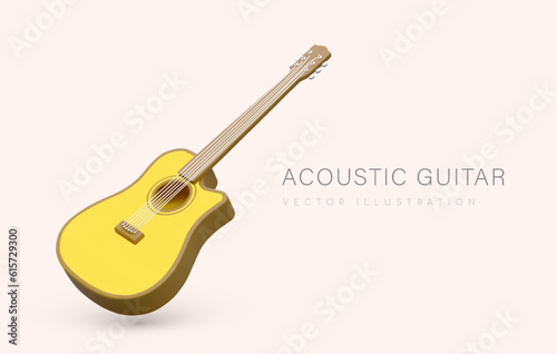 3D modern acoustic guitar with sound hole. Concept for music festival, rock party. Yellow guitar with cutaway. Banner for shop of stringed instruments