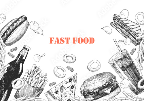 Fast Food Menu. Hand-drawn illustration of dishes and products. Ink. Vector 