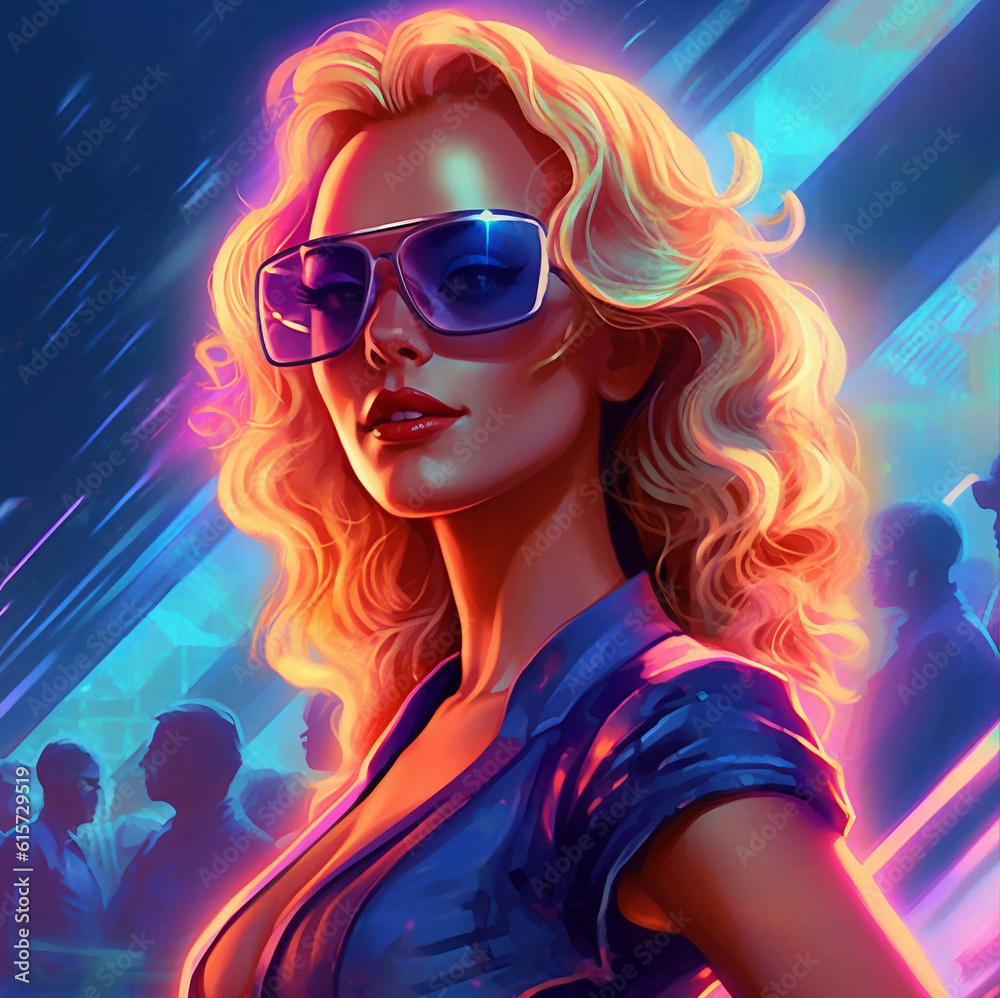 A Retro Seventies or Eighties Painting of a Stylish Woman Wearing Sunglasses Generative AI