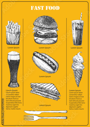 Fast Food Menu. Hand-drawn illustration of dishes and products. Ink. Vector 