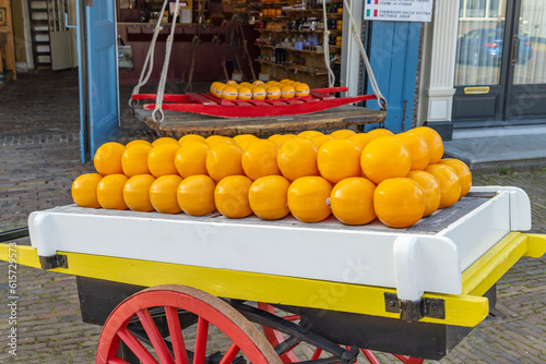 Detail of edam cheeses, town cheese market, Edam, North Holland, Netherlands