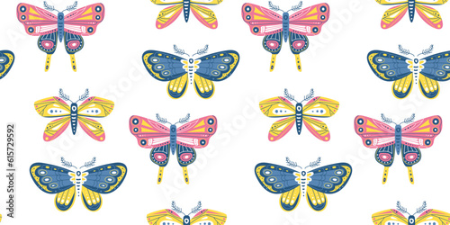 motif au rapport de papillons de différentes formes rose bleu et jaune fond blanc, avec couleurs modifiable