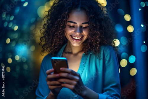 happy young woman checking her phone on blue background with Generative AI