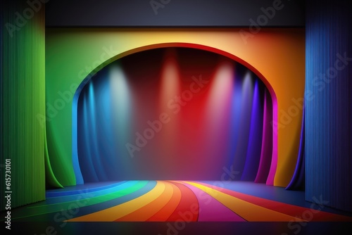 Colourful podium with lighting. Stand wall scene colourful podium background, geometric shape for product display presentation. Minimal scene for mockup products, stage showcase, promotion display. © PimPhoto