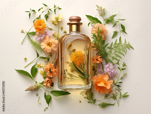 illustrazione di luminosa bottiglia di olio essenziale contornata da fiori su sfondo bianco, e spazio per testo photo