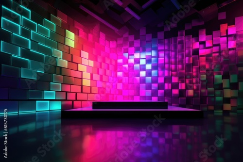 Colourful podium with lighting. Stand wall scene colourful podium background, geometric shape for product display presentation. Minimal scene for mockup products, stage showcase, promotion display.