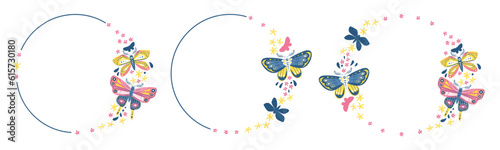 planche de trois couronnes rondes d  coratives avec papillons rose jaune et bleu  et des petites fleurs 