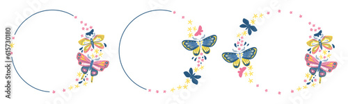 planche de trois couronnes rondes décoratives avec papillons rose jaune et bleu, et des petites fleurs 