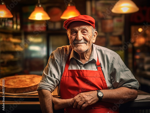 ritratto di pizzaiolo maturo, cameriere anziano in una pizzeria , spazio per copy, 