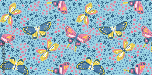 motif au rapport de papillons rose et bleu et de petites fleurs pour impression en série