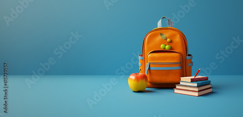 rientro e ritorno a scuola, zaino, mela e libri su sfondo neutro con copy space,  back to school  photo