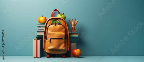 rientro e ritorno a scuola, zaino, mela e libri su sfondo neutro con copy space,  back to school  photo