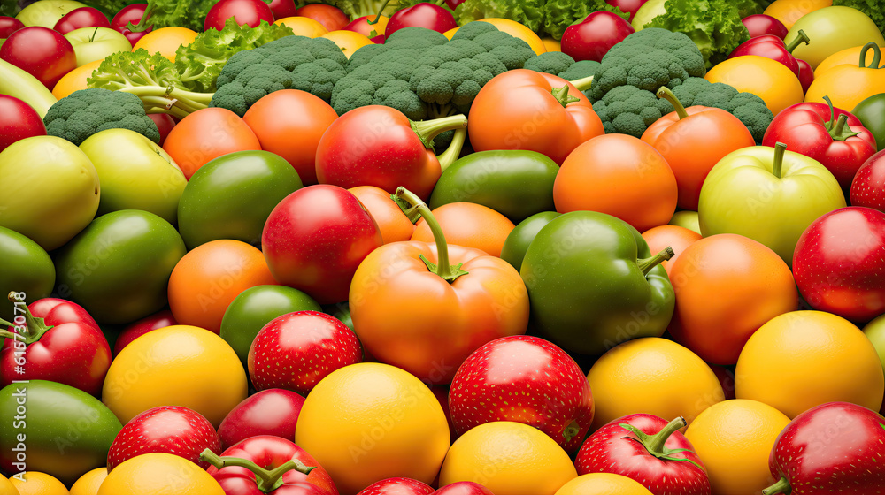 Illustration of vegetables and fruits in a bowl on the table, healthy nutrition and abundance, juicy bright fruits as sunny accents, and fresh vegetables that embody nature's nutrition, Generative AI