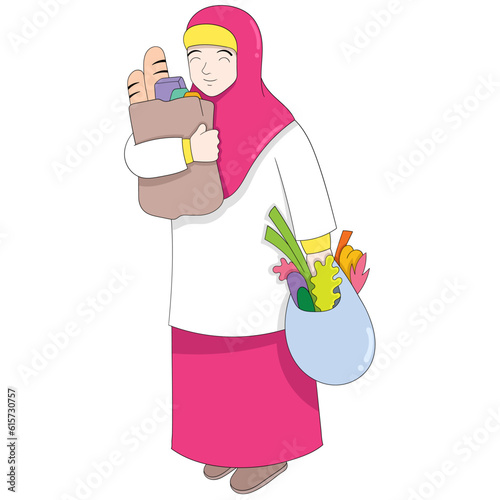 Islamic women are walking carrying groceries for family needs