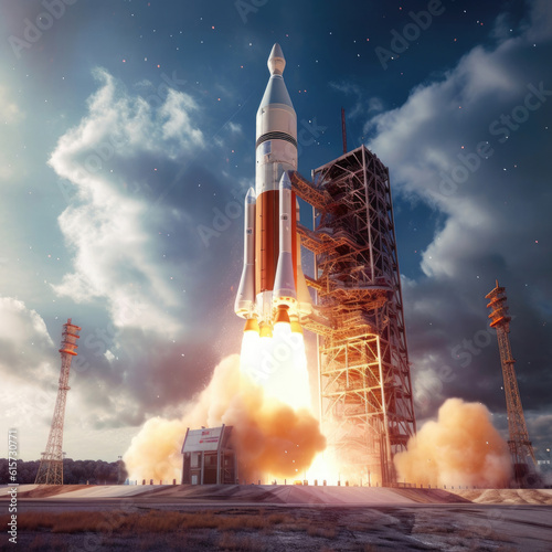 A large cargo rocket is launched from the launch pad