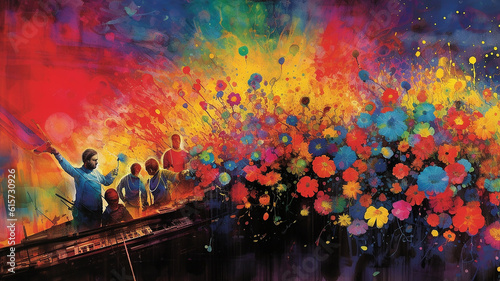 esplosione di emozioni colorate quando si ascolta la musica, concetto di esplosione di colori che corrisponde a stati d'animo, felicità photo