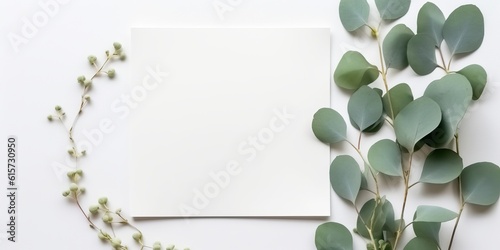 Minimalist Greeting Card Mockup with Delicate Dry Eucalyptus Leaves - Top View on a Clean White Background, Generative AI