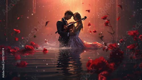 sensazioni romantiche, musica che crea emozioni romantiche, due innamorati che suonano musica romantica tra luci magiche e fiori rossi photo