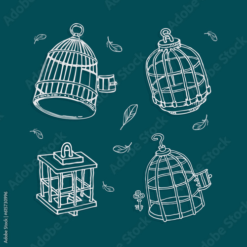 Hand drawn bird cages with feathers