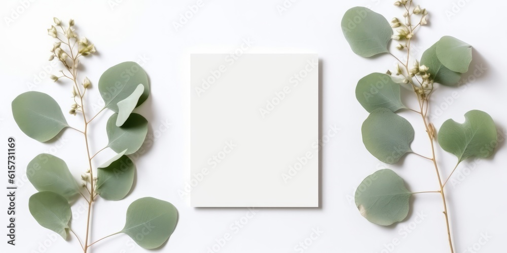 Minimalist Greeting Card Mockup with Delicate Dry Eucalyptus Leaves - Top View on a Clean White Background, Generative AI Minimalist Greeting Card Mockup with Delicate Dry Eucalyptus Leaves - Top View on a Clean White Background, Generative AI