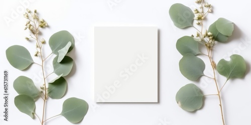 Minimalist Greeting Card Mockup with Delicate Dry Eucalyptus Leaves - Top View on a Clean White Background, Generative AI