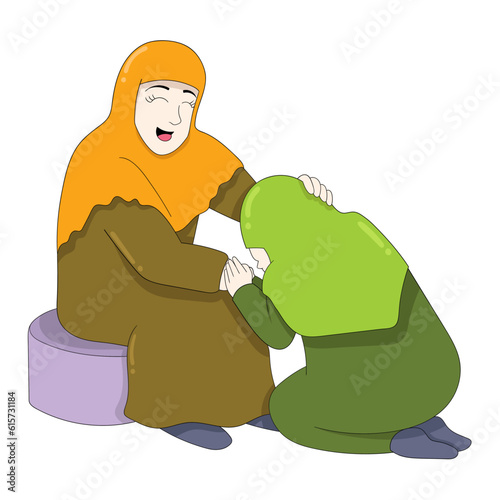 the child is shaking hands with his mother to forgive each other
