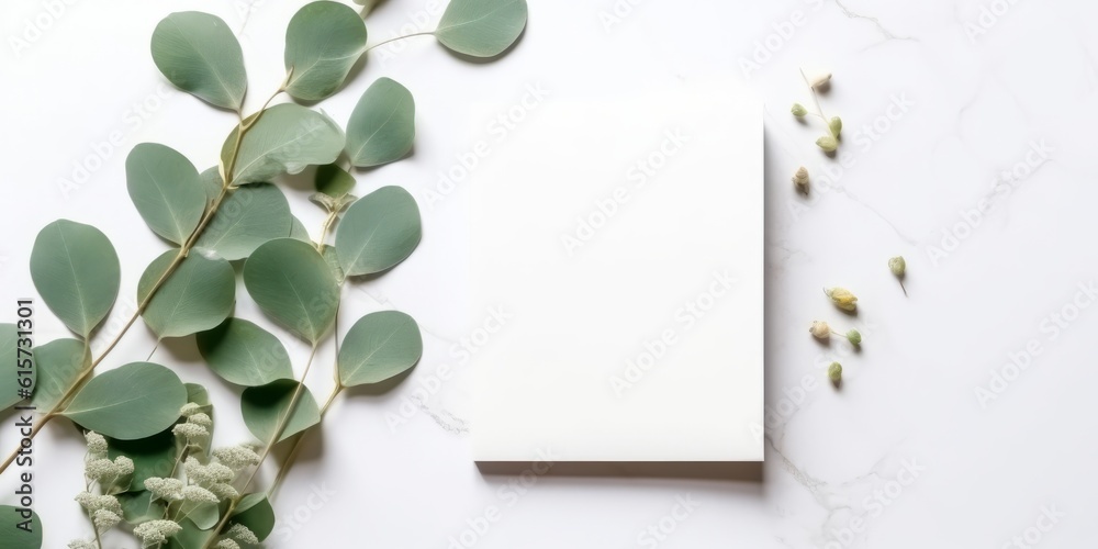 Minimalist Greeting Card Mockup with Delicate Dry Eucalyptus Leaves - Top View on a Clean White Background, Generative AI Minimalist Greeting Card Mockup with Delicate Dry Eucalyptus Leaves - Top View on a Clean White Background, Generative AI