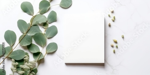 Minimalist Greeting Card Mockup with Delicate Dry Eucalyptus Leaves - Top View on a Clean White Background, Generative AI