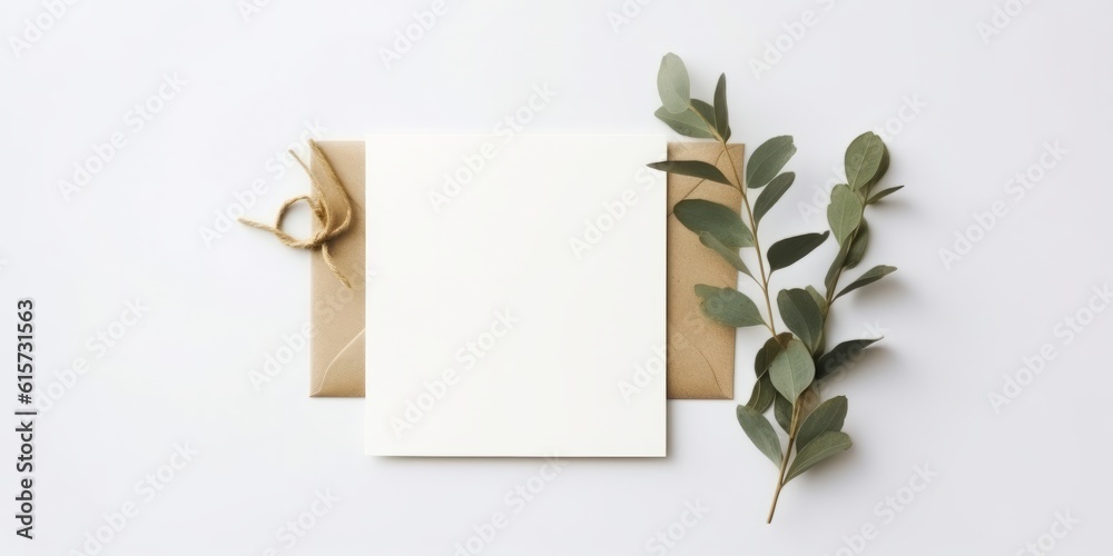 Minimalist Greeting Card Mockup with Delicate Dry Eucalyptus Leaves - Top View on a Clean White Background, Generative AI Minimalist Greeting Card Mockup with Delicate Dry Eucalyptus Leaves - Top View on a Clean White Background, Generative AI