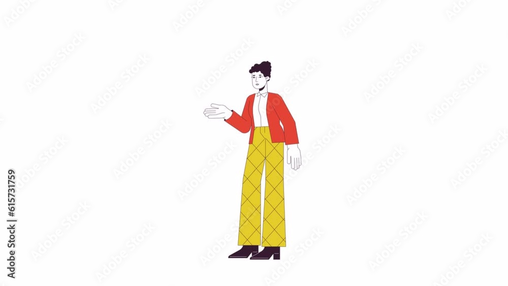 Female assistant manager animation. Animated cartoon real estate agent. Isolated colour flat line 2D character 4K video footage, white background, alpha channel transparency for web design Female assistant manager animation. Animated cartoon real estate agent. Isolated colour flat line 2D character 4K video footage, white background, alpha channel transparency for web design