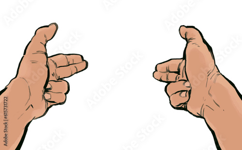 Obraz na plátne Stylized illustration of a pair of hands doing finger guns gesture in first pers