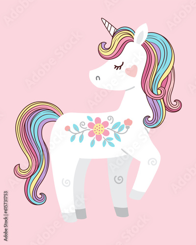 Cute white unicorn with rainbow mane and tail. Vector illustration for kids book, print, greeting card, t shirt