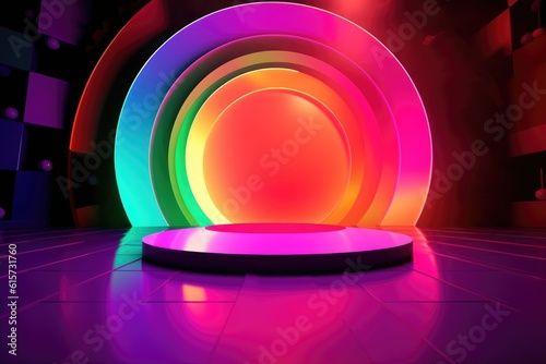 Colourful podium with lighting. Stand wall scene colourful podium background, geometric shape for product display presentation. Minimal scene for mockup products, stage showcase, promotion display.