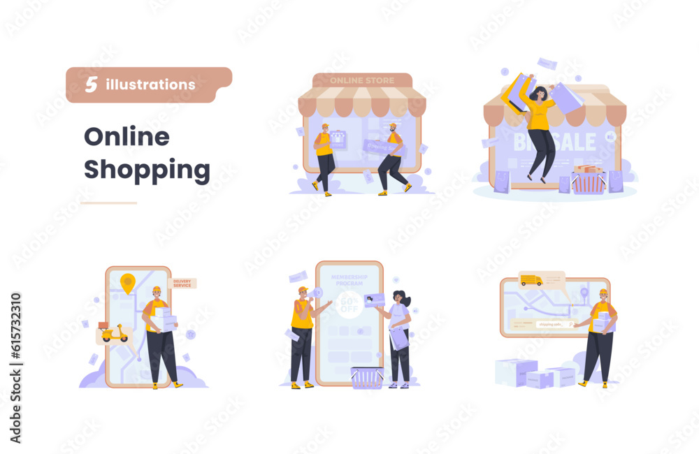 Online shopping ecommerce flat illustration set
