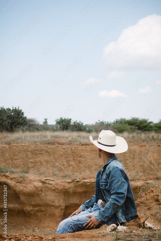 Cowboy under the vast sky, surrounded by cacti, working on a farm