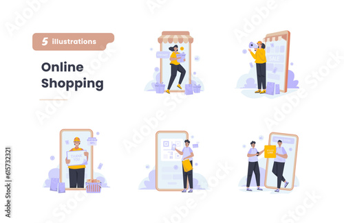 Online shopping affiliate partnership flat illustration set