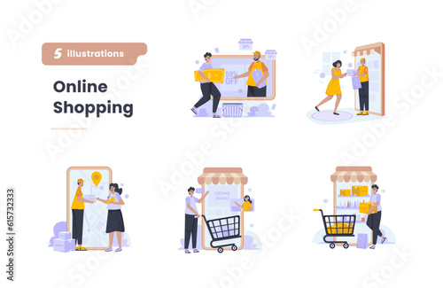 Online shopping delivery flat illustration set